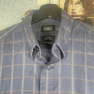 Haggar Men's Dress Shirt Medium No Iron 100% Cotton Blue Multi-Color Stripe